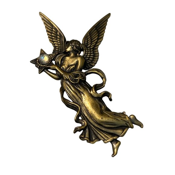 Vintage JJ Angel Brooch Pin Rhinestone Star Accents Winged Celestial 3" Tall - Picture 1 of 4